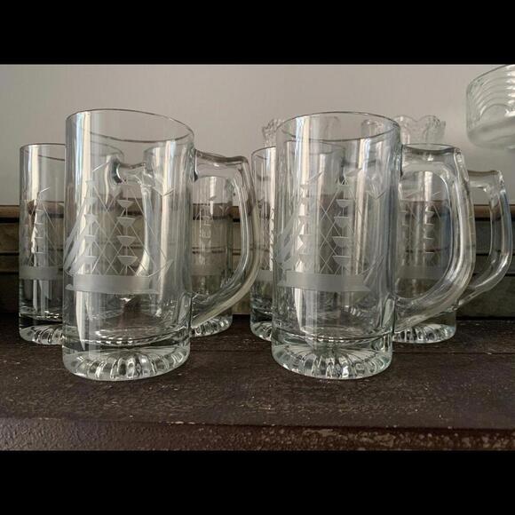 6 Javit Clipper Heritage Etched Nautical Ships Crystal Mugs USA 412C - Picture 1 of 5